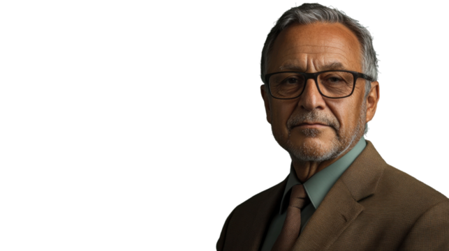 Serious senior businessman with glasses on transparent background