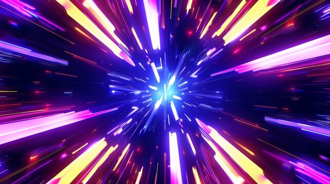 3d render of abstract background with colorful neon rays and space-time tunnel explosion effect