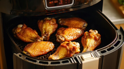 Fototapeta premium Golden brown air fryer chicken wings cooked to perfection, crispy and delicious. Perfect for gatherings or tasty snack