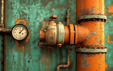 A close-up of a rusty orange valve on a textured teal background, featuring a pressure gauge,...