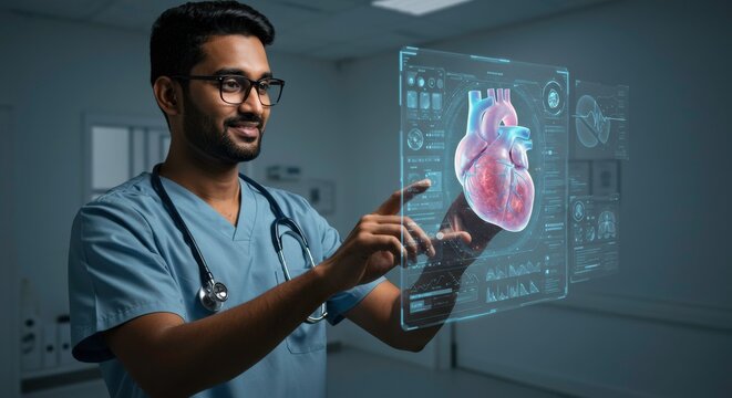 Innovative Healthcare: A young, smiling doctor uses a futuristic touchscreen interface, highlighting a 3D holographic image of a human heart. - Powered by Adobe