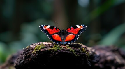 Red butterfly resting on mossy rock, jungle background; nature stock photo