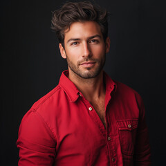 Obraz premium Model portrait session featuring a handsome male in a red shirt studio background high-quality photography modern style close-up view fashion concept