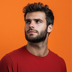 Obraz premium Contemplative young man urban studio portrait photography vibrant color background close-up self-reflection