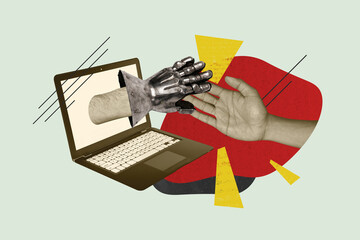 Composite sketch design trend artwork collage of laptop display hand glove armor handshake gesture knight hero conqueror vintage costume