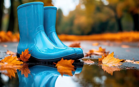 Bright blue rain boots stand on a wet surface surrounded by vibrant autumn leaves, reflecting the colorful season's charm.