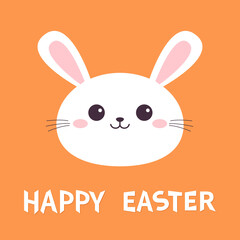 Happy Easter. Cute white rabbit bunny hare silhouette icon. Smiling face head. Pink cheeks. Kawaii cartoon funny baby character. Valentines Day. Greeting card. Orange background. Flat design. Vector