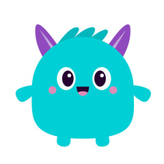 Blue monster icon. Happy Halloween. Cartoon kawaii funny character. Colorful silhouette monsters. Cute face with horns, eyes, hands. Childish collection. Flat design. White background. Vector