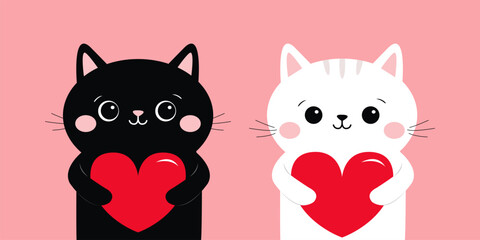 Black White cat kitten kitty set holding red heart. Cute cartoon kawaii funny animal baby character. Flat design. Happy Valentines Day. Love card. Childish style. Pink background. Isolated. Vector