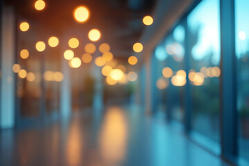 A softly blurred view of a modern office with big windows and nice lighting, Beautifully blurred background of a light modern office interior with panoramic windows and beautiful lighting.
