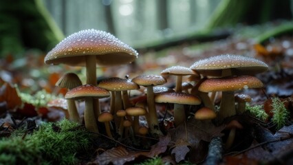 Vibrant mushrooms covered in dew thriving in a lush forest environment