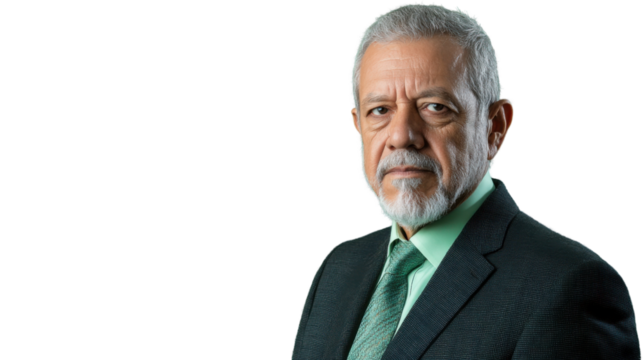 Serious senior businessman with grey hair and beard wearing suit and tie on transparent background