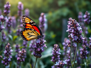 Naklejka premium A butterfly is perched on a purple flower