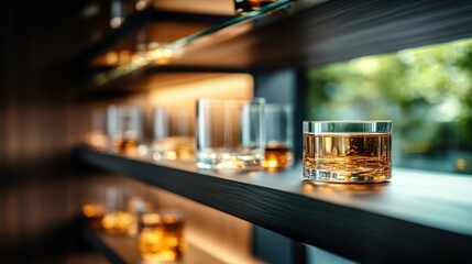 Beautifully arranged whiskey glasses sit on a chic, modern shelf, creating an inviting atmosphere with warm lighting and reflections for a luxurious feel.