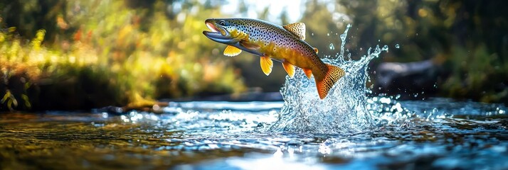 A panoramic view showcases a rainbow trout catching bait in mid-air.