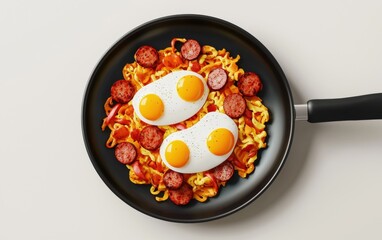 Hearty Hash Browns and Sausage Breakfast Frying on a Pan, with Eggs on the Side, Top-Down View