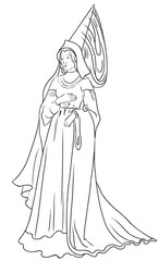 coloring book page, line art of medieval fashion, woman in medieval clothes, princess, illustration on a white background