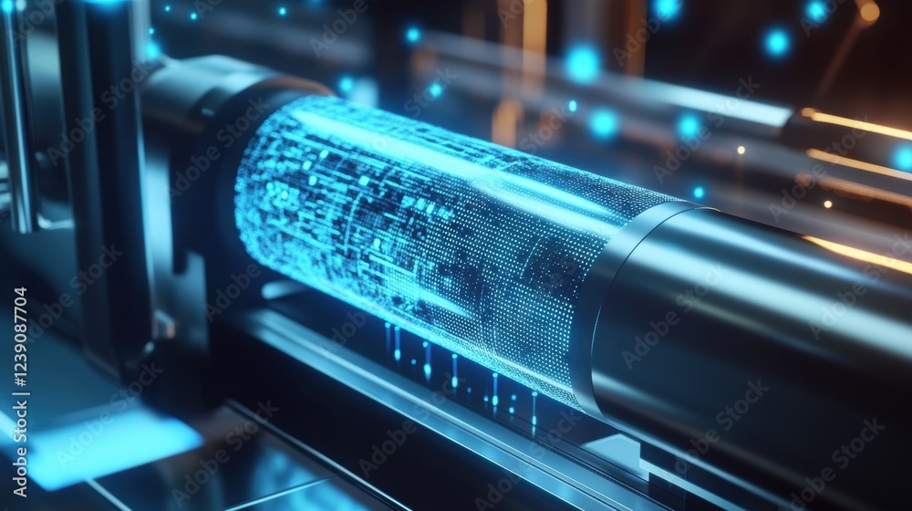 Poster futuristic production line processing data as a luminous digital stream flows through a transparent 