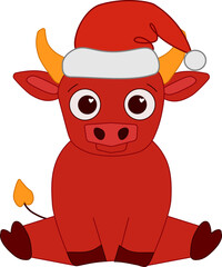 Fototapeta premium Cute cartoon bull in a Santa`s hat. Vector graphic line composition illustration of animal isolated on white.