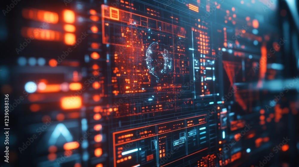 Poster futuristic head up display - hud - interface showing rotating globe and complex data analysis visual