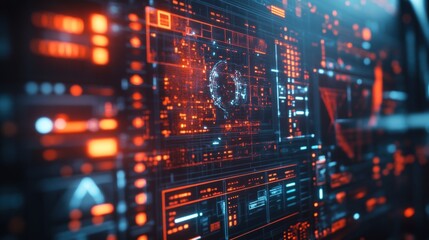 Fototapeta premium Futuristic head up display - hud - interface showing rotating globe and complex data analysis visualization in orange and blue, representing innovative production and advanced technology