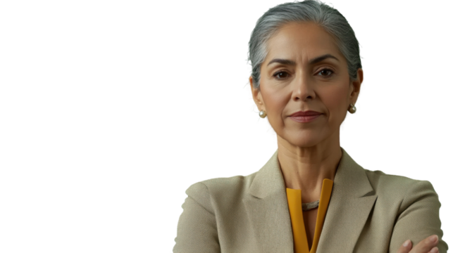 Confident senior businesswoman with crossed arms on transparent background