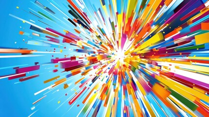 Abstract colorful burst of energy radiating outwards from a central point on a light blue background.