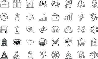Naklejka premium A collection of 40 monochrome line icons depicting business concepts like planning, growth, teamwork, strategy, finance, and success. Simple, clean design.