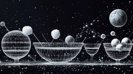 Abstract cosmic cocktail glasses with glowing spheres and constellations.