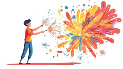 Boy Enjoying Colorful Fireworks and Sparklers on Festive Occasion