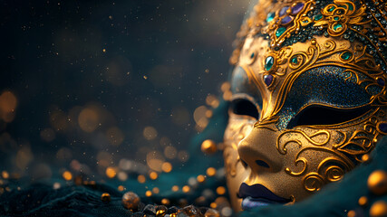 Ornate gold venetian mask with intricate details and jewel accents in ambient lighting, Mardi Gras carnival