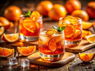 Miniature Aperol Spritz Cocktail with Orange Slice and Ice Cubes - Tilt-Shift Photography