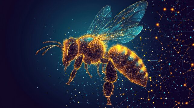 Abstract polygonal bee in flight, glowing with light particles.