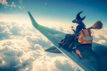 Witch Relaxing on Airplane Wing with Glass of Wine
