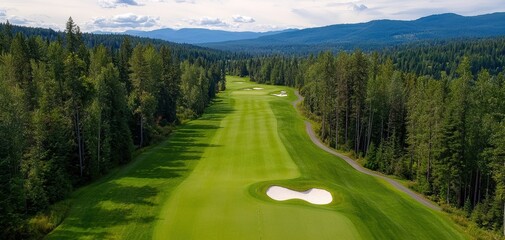 Picturesque golf course with smooth fairways, bunkers, and a serene tree-lined horizon, capturing the essence of nature and recreation