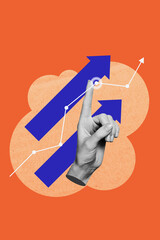 Poster image vertical photo collage of businessman hand index finger point arrow development concept graph interface button