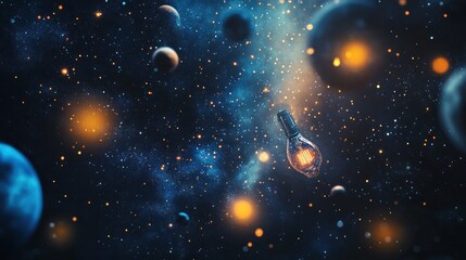 Glowing lightbulb floats amidst cosmic nebula and planets.