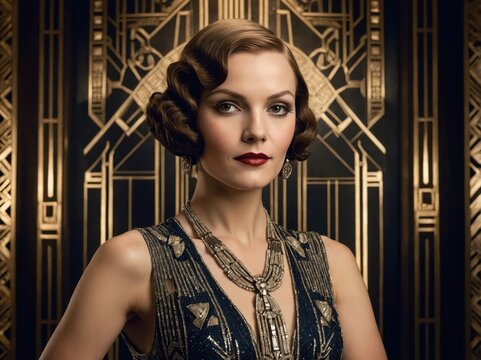 Elegant portrait of a woman in vintage attire against an art deco backdrop, showcasing timeless style and sophistication