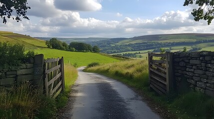 Fototapeta premium Scenic countryside path, inviting dirt road framed by stone walls, lush green hills and dramatic sky, perfect for relaxation and escape.