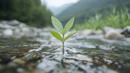Tiny sprout growing in mountain stream