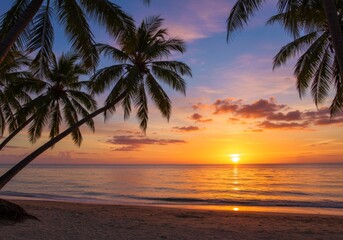 Fototapeta na wymiar Tropical beach sunset. Two palm trees silhouetted against vibrant sky. Calm ocean, peaceful, paradise