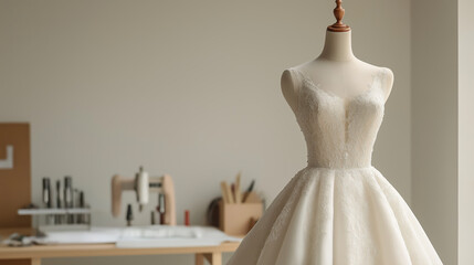 A white wedding gown on a mannequin, with intricate details and space for branding. Great for wedding blogs and luxury apparel marketing.