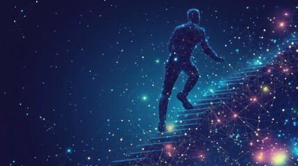 Naklejka premium Abstract man climbing illuminated stairs ascending to success in a digital network.