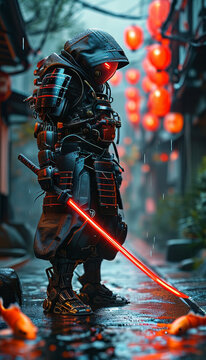 a cyborg samurai with a red neon katana on his back sitting crouching on a Japanese tower, black cybernetic armour and hood walking in the rain down a road, neon tokyo, futuristic koi holograms