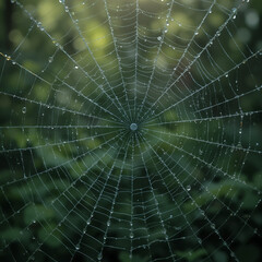 Obraz premium Dew-covered spider web glistening in morning light in a forest