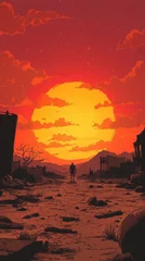 Fototapete Lone Figure Walks Towards a Setting Sun in a Desolate Land © RizArt