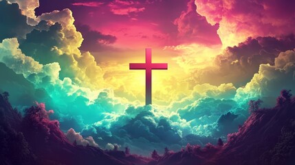 Obraz premium Colorful clouds enveloping a central Christian cross image.