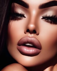 model with soft baddie glam, showcasing perfectly arched brows, long fluttery lashes, a smooth contour, and a soft mauve lip, Generative AI