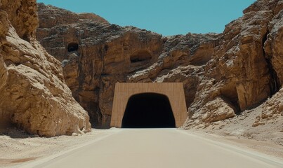 A striking view of a road leading into a tunnel surrounded by rocky terrain, showcasing the beauty of nature and engineering.
