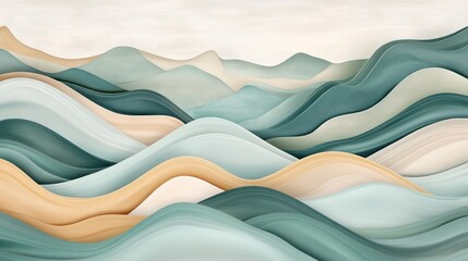Abstract teal and beige waves forming hills, landscape.